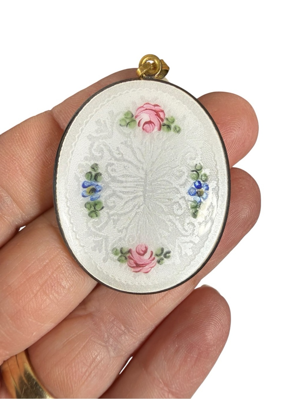 Hand-Painted Pink Rose Oval Porcelain Locket